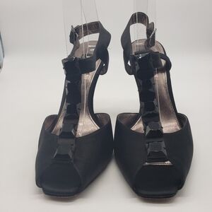 Glint women black satin upper with leather sole size 10 jeweled t-strap heels